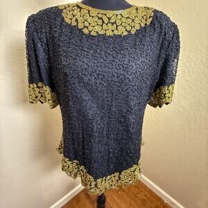 Vintage Laurence Kazar New York Black Silk Beaded Evening Top Short Sleeve Art